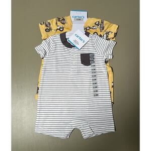 Carter’s Baby 2 Pieces 0-3M White W/Gray Stripes And Yellow With Trucks